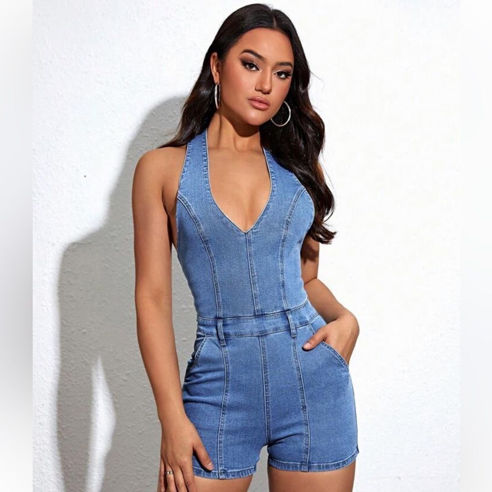 SHEIN Light Blue Denim Halter Romper